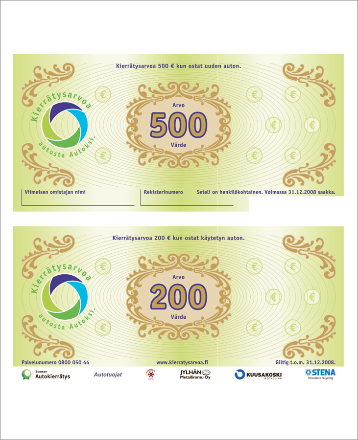 Suomen Autokierrätys, arvosetelit.